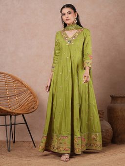 FASHOR - Ethnic Embroidered Anarkali Kurta With Pant & Dupatta - Green (Set of 3)