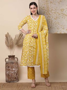 FASHOR - Embroidered Straight Fit Kurta With Pant & Dupatta - Yellow (Set of 3)