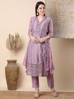 FASHOR - Solid Floral Embroidered Straight Kurta With Pant & Dupatta - Lavender (Set of 3)