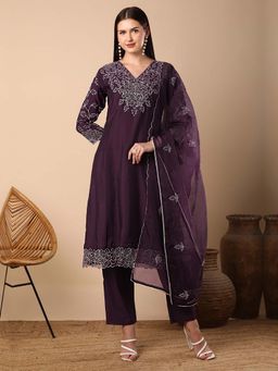 FASHOR - Floral Embroidered Straight Fit Kurta With Pant & Dupatta - Violet (Set of 3)