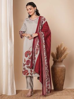 FASHOR - Ethnic Straight Kurta With Pant & Dupatta - Grey (Set of 3)