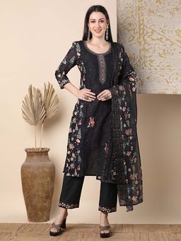 FASHOR - Floral & Embroidered Straight Kurta With Pant & Dupatta - Black (Set of 3)
