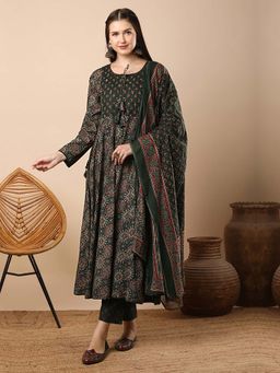 FASHOR - Ethnic Anarkali & Kurta With Pant & Dupatta - Green (Set of 3)