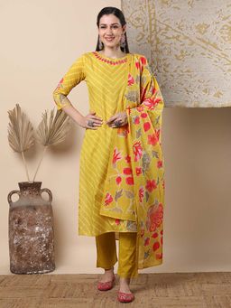 FASHOR - Floral Printed & Embroidered Straight Kurta With Pant & Dupatta - Yellow (Set of 3)