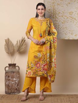 FASHOR - Printed & Straight Fit Kurta With Pant & Dupatta - Yellow (Set of 3)