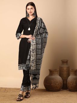 FASHOR - Floral Embroidered Straight Fit Kurta With Pant & Printed Dupatta - Black (Set of 3)
