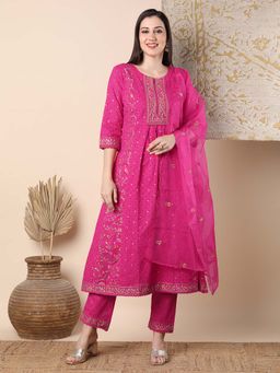 FASHOR - Ethnic Floral Embroidered Anarkali Flared Kurta With Pant & Dupatta - Pink (Set of 3)