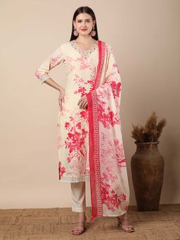 FASHOR - Printed & Straight Fit Kurta With Pant & Dupatta - Cream (Set of 3)