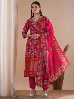 FASHOR - Ethnic Patola Straight Kurta With Pant & Dupatta - Pink (Set of 3)