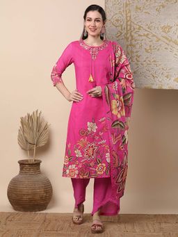 FASHOR - Printed & Straight Fit Kurta With Pant & Dupatta - Pink (Set of 3)
