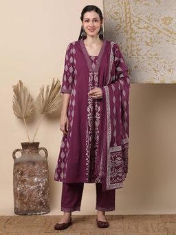 FASHOR - Ethnic Printed Embroidered A-Line Kurta With Pant & Dupatta - Magenta (Set of 3)