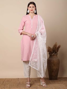 FASHOR - Solid Stripes Woven Straight Fit Kurta With Pant & Dupatta - Pink (Set of 3)