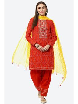 Biba - Red Hand Embroidery Cotton Unstitched Suit (Set of 3)