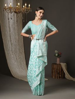 Akhilam - Womens Cotton Silk Turquoise Woven Design Designer Saree with Unstitched Blouse