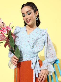 ANVI Be Yourself - Casual Puff Sleeves Self Design Women Light Blue Top