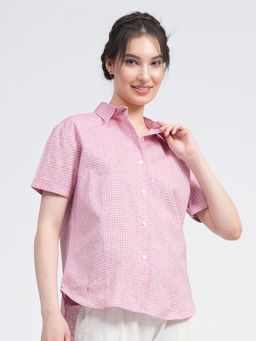 Saltpetre - Women Pink Check Button Down Half Sleeve Shirt