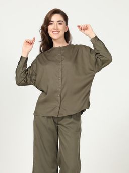 Saltpetre - Women Olive Round Neck Full Sleeve Uncollared Shirt