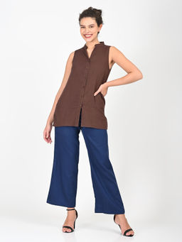Saltpetre - Women Cofffee Mandarin Collar Sleeveless Shirt