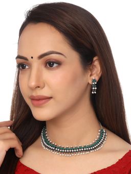 Yellow Chimes - Green and White Pearls Studded Choker Jewellery Set of 2