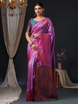 Akhilam - Women's Silk Blend Pink Woven Design Designer Saree with Unstitched Blouse