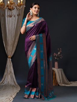Akhilam - Women's Silk Blend Purple Woven Design Designer Saree with Unstitched Blouse