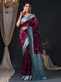 Akhilam - Women's Silk Blend Wine Woven Design Designer Saree with Unstitched Blouse