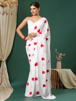 Sareemall - Women's Georgette White Embroidered Designer Saree with Unstitched Blouse