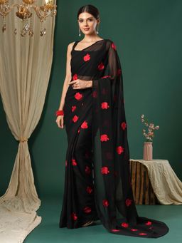 Sareemall - Women's Georgette Black Embroidered Designer Saree with Unstitched Blouse