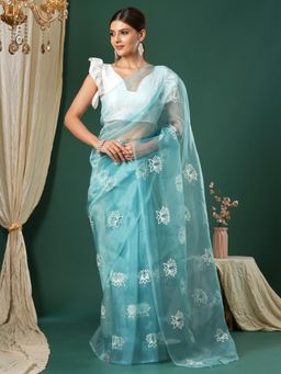 Sareemall - Women's Organza Blue Embroidered Designer Saree with Unstitched Blouse