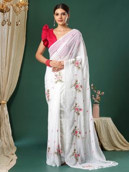 Sareemall - Women's Chiffon White Embroidered Designer Saree with Unstitched Blouse