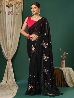 Sareemall - Women's Chiffon Black Embroidered Designer Saree with Unstitched Blouse