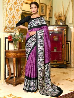 Sareemall - Women's Bhagalpuri Silk Purple Printed Designer Saree with Unstitched Blouse
