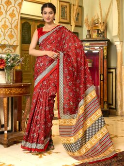 Sareemall - Women's Bhagalpuri Silk Red Printed Designer Saree with Unstitched Blouse
