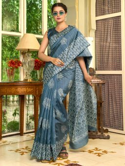 Sareemall - Women'S Bhagalpuri Silk Grey Printed Designer Saree with Unstitched Blouse