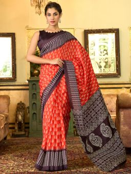 Sareemall - Women'S Bhagalpuri Silk Red Printed Designer Saree with Unstitched Blouse