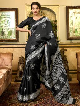 Sareemall - Women'S Bhagalpuri Silk Black Printed Designer Saree with Unstitched Blouse