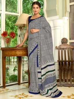 Sareemall - Women'S Bhagalpuri Silk Navy Blue Printed Designer Saree with Unstitched Blouse