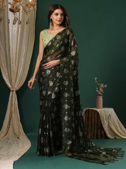 Sareemall - Women's Chiffon Olive Foil Printed Designer Saree with Unstitched Blouse