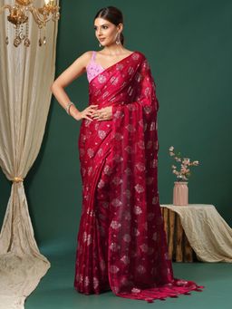 Sareemall - Women's Chiffon Pink Foil Printed Designer Saree with Unstitched Blouse