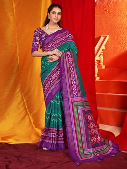 Sareemall - Women'S Tussar Silk Green Printed Designer Saree with Unstitched Blouse
