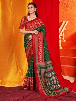 Sareemall - Women'S Tussar Silk Green Printed Designer Saree with Unstitched Blouse