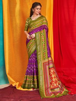 Sareemall - Women'S Tussar Silk Purple Printed Designer Saree with Unstitched Blouse