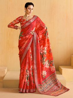 Sareemall - Women'S Tussar Silk Red Woven Design Designer Saree with Unstitched Blouse