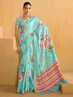 Sareemall - Women'S Tussar Silk Light Blue Woven Design Designer Saree with Unstitched Blouse