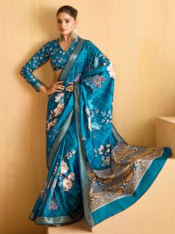 Sareemall - Women'S Tussar Silk Blue Woven Design Designer Saree with Unstitched Blouse