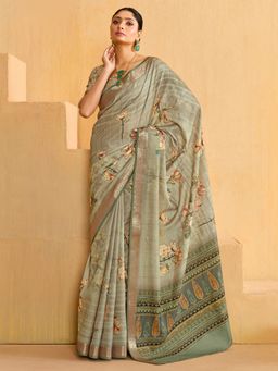 Sareemall - Women'S Tussar Silk Sea Green Woven Design Designer Saree with Unstitched Blouse