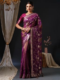 Akhilam - Women's Organza Purple Woven Design Designer Saree with Unstitched Blouse