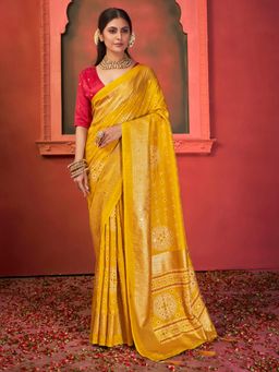 Sareemall - Women'S Tussar Silk Yellow Embellished Designer Saree with Unstitched Blouse