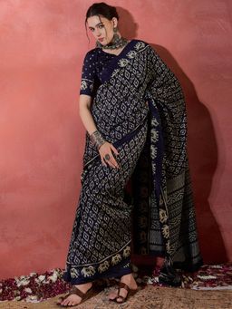Sareemall - Women's Dola Silk Navy Blue Printed Designer Saree with Unstitched Blouse