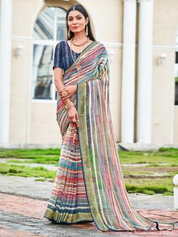Sareemall - Women's Chiffon Navy Blue Printed Designer Saree with Unstitched Blouse